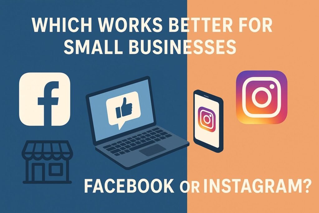 A split-screen digital illustration comparing Facebook and Instagram for small businesses. The left side, in blue, shows the Facebook logo, a storefront icon, and a laptop with a thumbs-up symbol. The right side, in orange, shows the Instagram logo and a smartphone displaying the app. The text reads: “Which Works Better for Small Businesses Facebook or Instagram?”