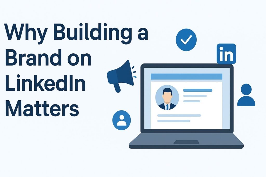 A flat-style digital illustration showing the text “Why Building a Brand on LinkedIn Matters” on the left, alongside a laptop displaying a LinkedIn profile. Surrounding the laptop are LinkedIn-themed icons including a megaphone, user avatars, and a checkmark, all in blue tones, symbolizing branding, networking, and engagement.