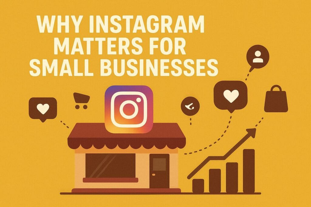 Flat-style illustration with a mustard-yellow background showing a small storefront with a burgundy awning. The Instagram logo is placed above the shop, surrounded by social media icons such as a heart, shopping bag, follower, and cart. On the right, a rising bar chart with an upward arrow symbolizes business growth. White bold text at the top reads “Why Instagram Matters for Small Businesses.