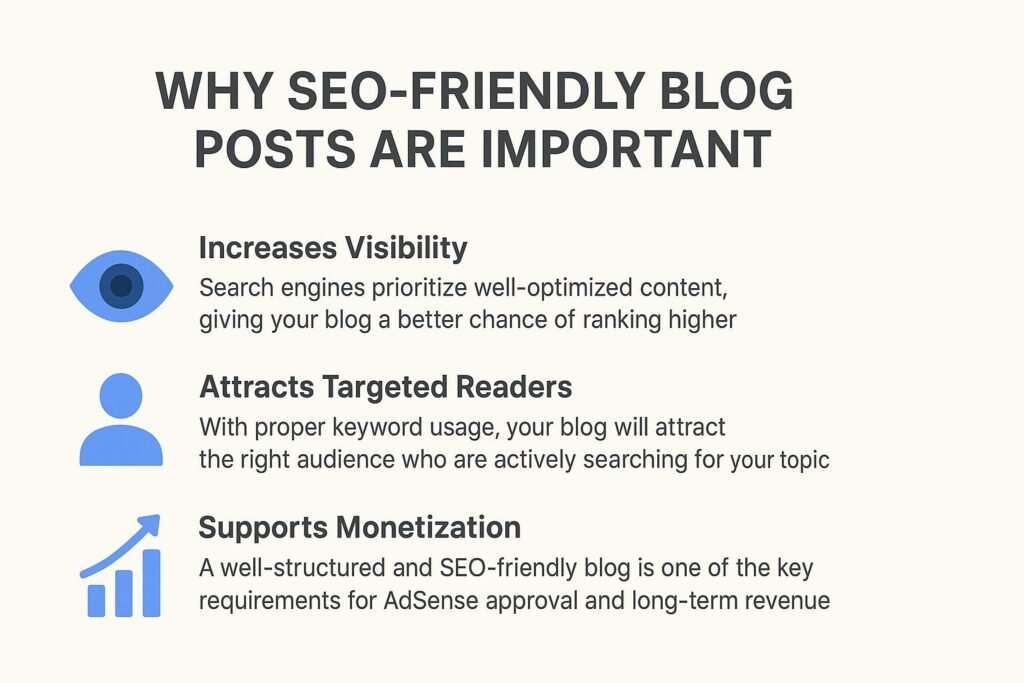 Infographic illustrating why SEO-friendly blog posts are important, highlighting benefits such as higher Google rankings, increased traffic, better engagement, and improved monetization opportunities.