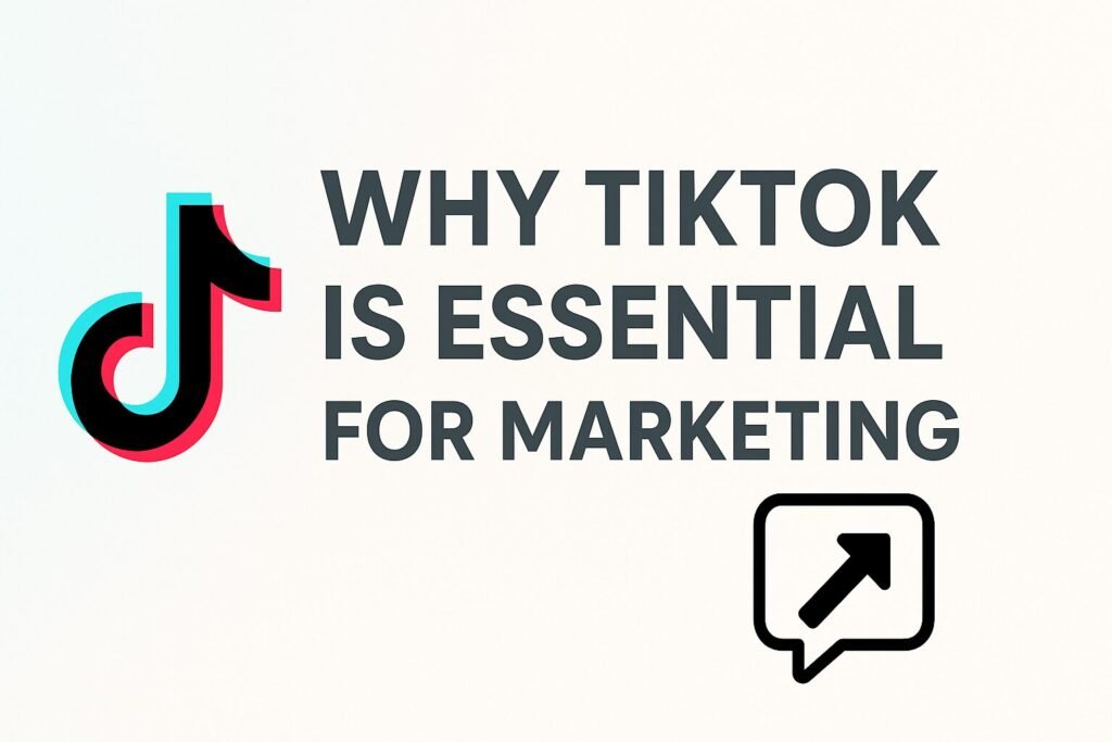TikTok logo on the left with bold dark gray text reading 'Why TikTok is Essential for Marketing' on a light gradient background, accompanied by a speech bubble icon with an upward arrow in the bottom right.