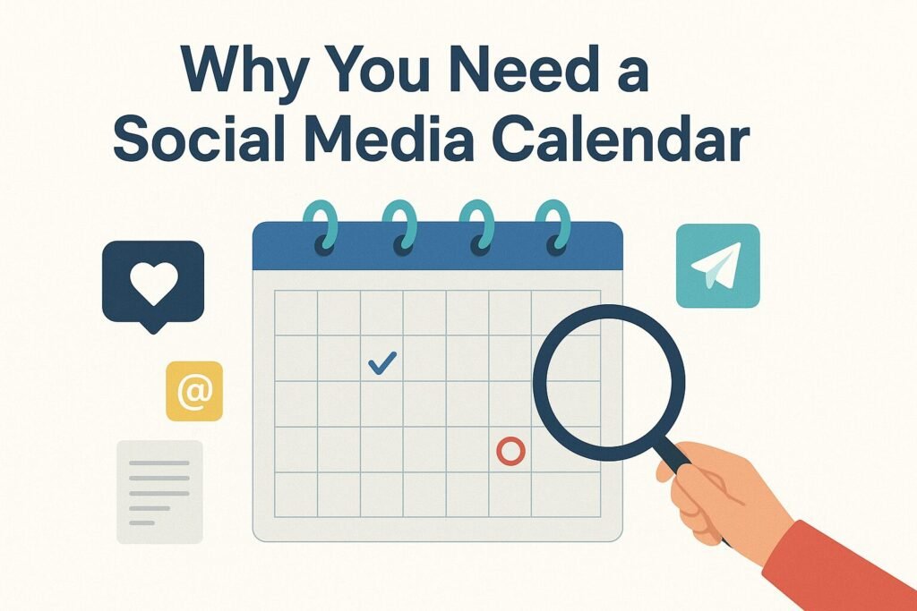 A flat design illustration with the title “Why You Need a Social Media Calendar” at the top. Below, a calendar with teal rings shows a checkmark and a circled date. A hand holds a magnifying glass over the calendar, while surrounding icons include a heart in a speech bubble, an @ symbol, a document, and a paper airplane.