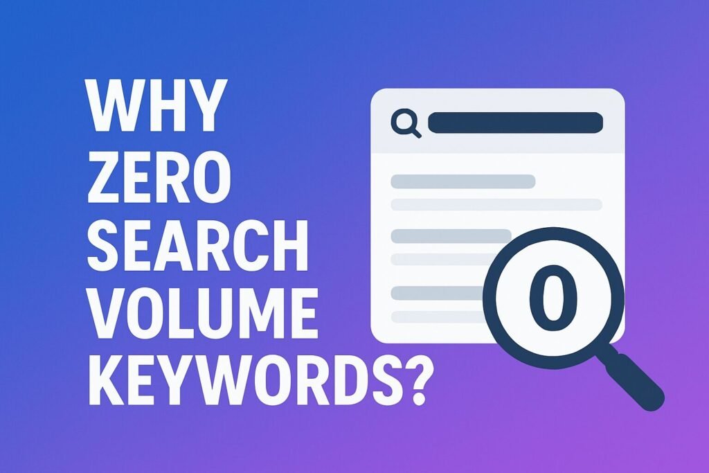 A flat-style digital illustration with a dark gradient background. The left side displays the text “Why Zero Search Volume Keywords Work” in large white letters. On the right, a stylized web browser window with a magnifying glass highlights keywords and small rising graph icons, symbolizing hidden opportunities and SEO growth.