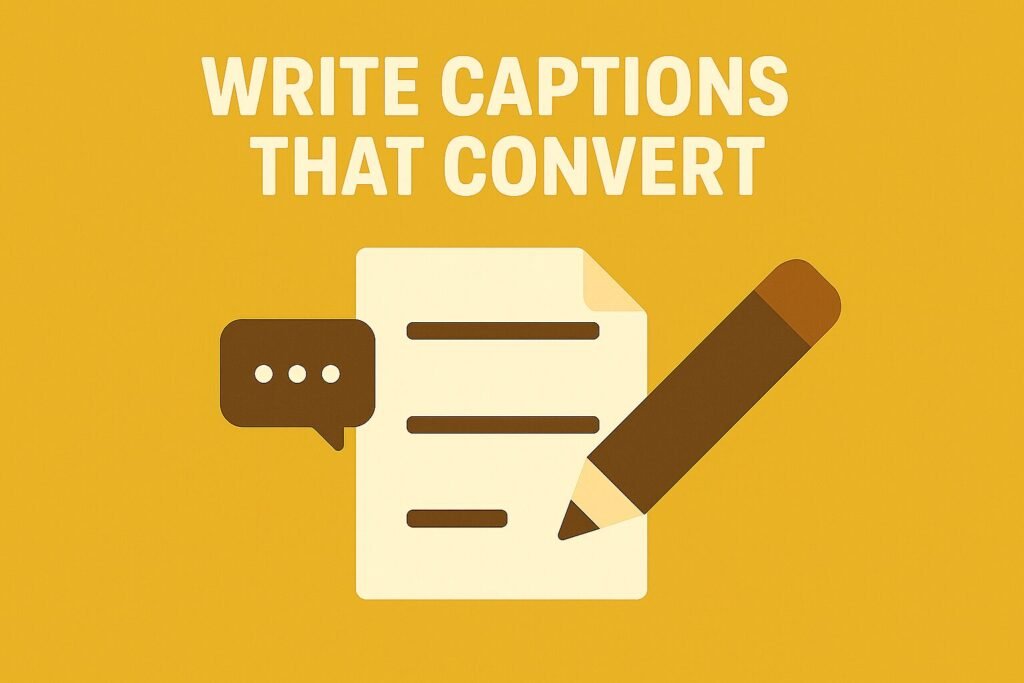 A flat graphic design on a mustard-yellow background with bold cream text at the top that reads “WRITE CAPTIONS THAT CONVERT.” Below the text, there is an icon of a document with brown text lines, a large brown pencil on the right side, and a dark brown speech bubble with three dots on the left, symbolizing writing and communication.