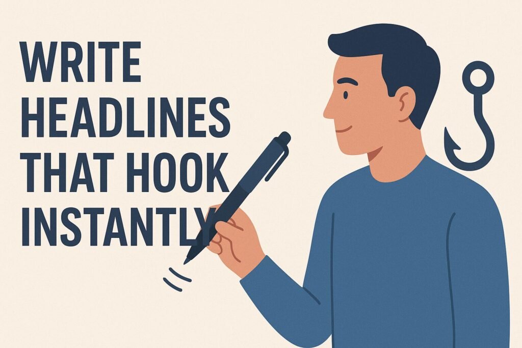 Illustration of a man holding a pen, appearing to write the word "HEADLINES," with a hook symbol beside him and bold text on the left that reads "Write Headlines That Hook Instantly."