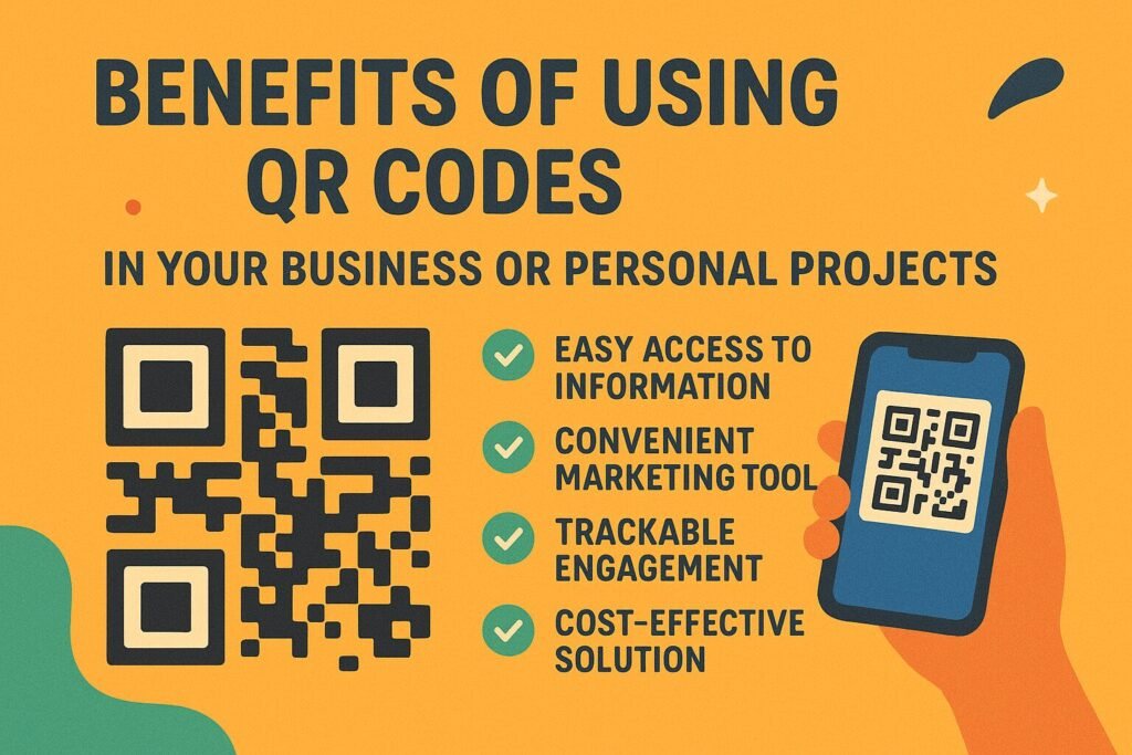 Infographic with the title 'Benefits of Using QR Codes in Your Business or Personal Projects' on an orange background. A large QR code appears on the left, and on the right are illustrated checkmarks with benefits listed: easy access to information, convenient marketing tool, trackable engagement, and cost-effective solution. A hand holding a smartphone displaying a QR code is shown at the bottom right, with playful abstract shapes decorating the design.