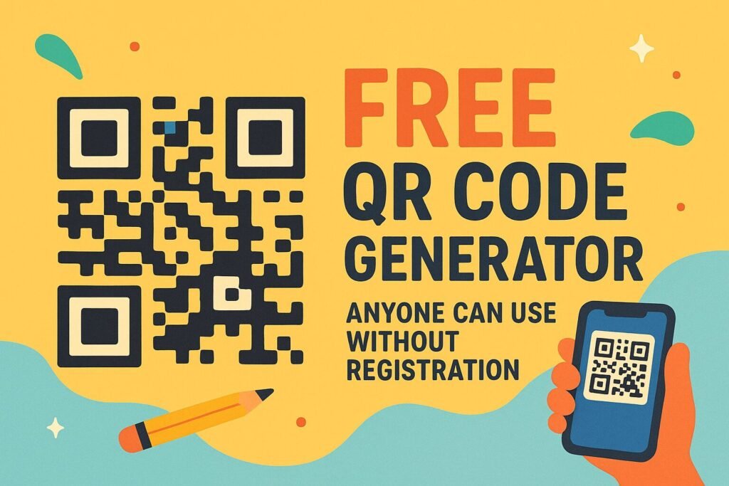 Colorful illustrated banner featuring a large QR code on the left, bold text reading 'FREE QR CODE GENERATOR – Anyone can use without registration' on the right, with playful elements including a pencil, a hand holding a smartphone showing a QR code, and abstract decorative shapes on a yellow and teal background.