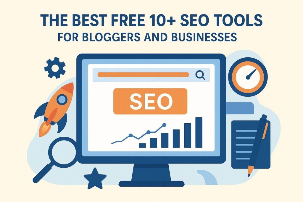 Flat-style digital illustration of a computer screen displaying the word "SEO" with a rising bar chart and line graph. Surrounding the screen are SEO-related icons including a rocket, magnifying glass, speedometer, gear, star, and notepad with a pen. The text above reads, "The Best Free 10+ SEO Tools for Bloggers and Businesses."

