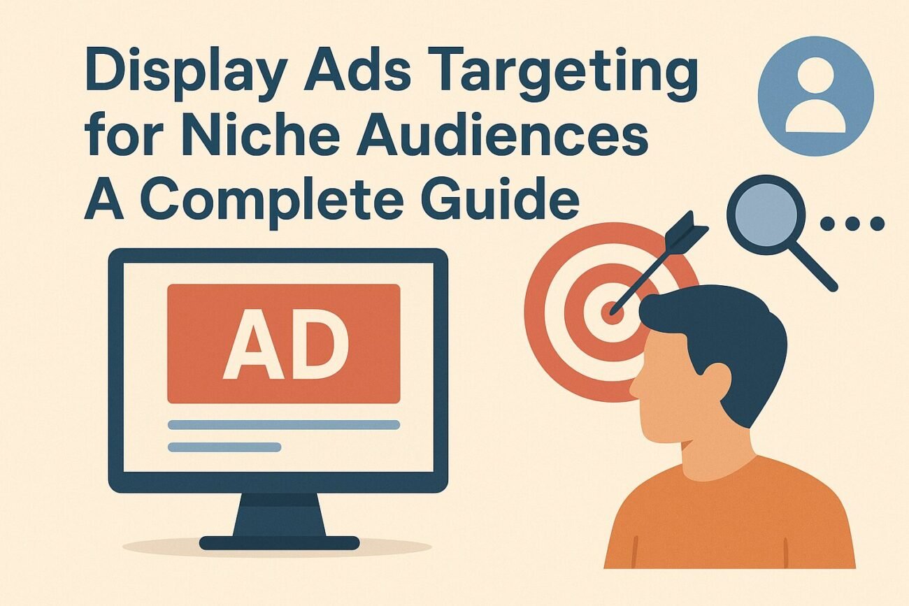 A flat-style digital illustration showing a computer screen with an “AD” display, a target with an arrow symbolizing precise audience targeting, a user icon, and a magnifying glass. A person stands on the right looking toward the elements, with the title “Display Ads Targeting for Niche Audiences – A Complete Guide” written in bold text across the top.
