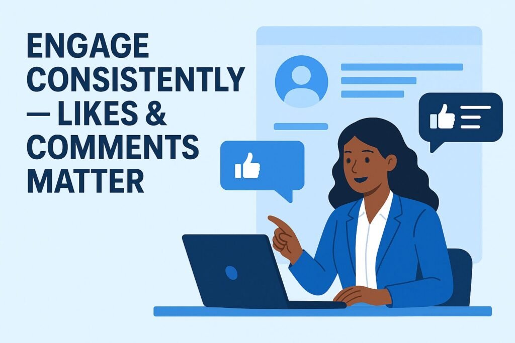 A digital illustration of a woman sitting at a laptop, engaging with a LinkedIn-style interface. Speech bubbles containing thumbs-up icons and comment symbols appear around her. On the left, bold text reads: ‘Engage Consistently — Likes & Comments Matter.’ The design uses a clean, flat, blue-toned theme.