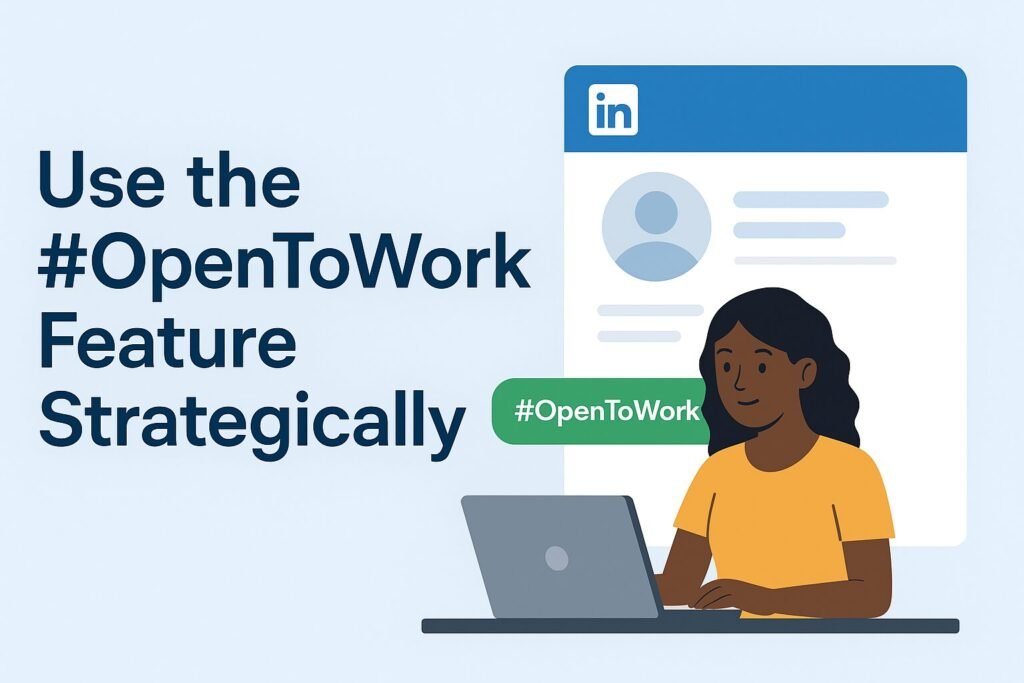 digital illustration showing a woman sitting at a laptop with a large LinkedIn profile interface behind her. A green ‘#OpenToWork’ banner appears beside her profile. On the left side, bold text reads: ‘Use the #OpenToWork Feature Strategically.’ The design uses a clean, modern flat style with blue and green accents.