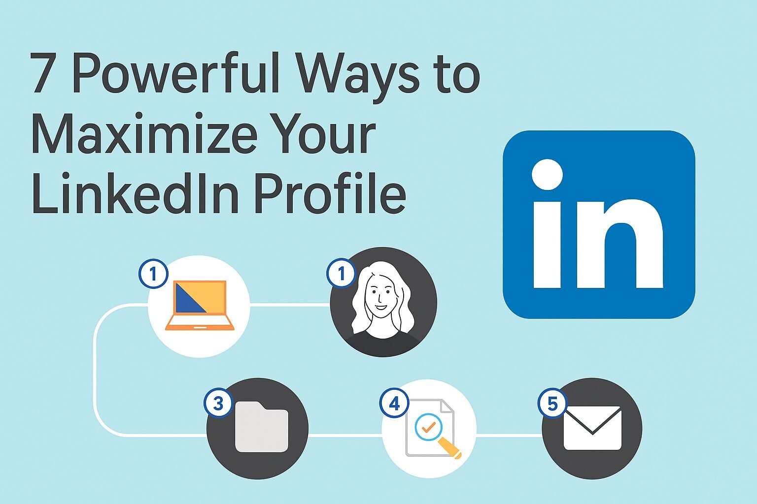 Infographic with LinkedIn logo and 5 icons defining 7 powerful ways to maximize your LinkedIn Profile
