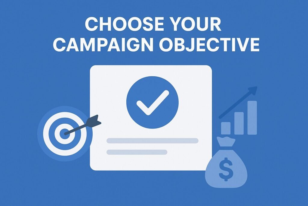 Illustration showing the concept of choosing a Facebook ad campaign objective, featuring a checklist card with a checkmark, target icon, growth chart, and budget symbol on a blue background, representing awareness, engagement, and conversion goals.