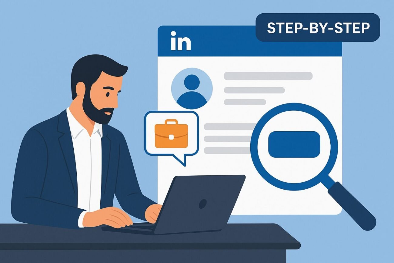 Illustration of a freelancer working on a laptop while analyzing a LinkedIn profile interface, with visual elements like a magnifying glass, profile card, and briefcase icon representing searching and securing freelance work through LinkedIn.