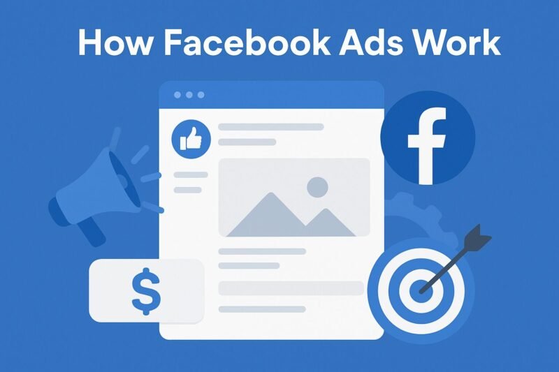 Illustration showing how Facebook Ads work, featuring a social media feed layout, targeting icons, analytics symbols, advertising elements, and conversion indicators in a blue digital marketing theme.