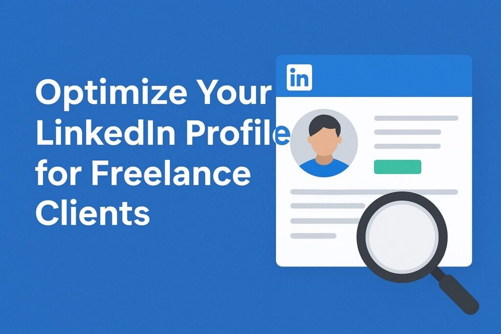 Featured image showing a LinkedIn profile optimization concept for freelancers, with an illustrated LinkedIn profile card, profile photo, headline, call-to-action button, and a magnifying glass highlighting key profile sections on a blue background