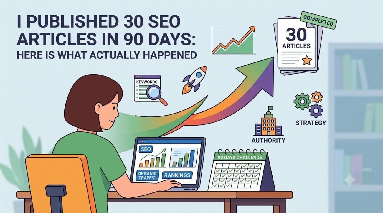 A flat-line illustration of a woman at a desk tracking an SEO case study on her laptop, which displays growth charts labeled "Organic Traffic" and "Rankings." In the upper-left corner, bold dark text reads, "I PUBLISHED 30 SEO ARTICLES IN 90 DAYS: HERE IS WHAT ACTUALLY HAPPENED." A "90 Days Challenge" calendar with green checkmarks sits on the desk. A large upward-trending arrow sweeps across the background toward a stack of documents labeled "30 ARTICLES COMPLETED," surrounded by digital marketing icons for keywords, strategy, and authority.