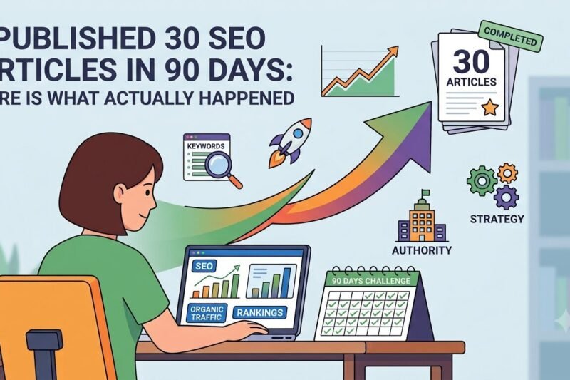 A flat-line illustration of a woman at a desk tracking an SEO case study on her laptop, which displays growth charts labeled "Organic Traffic" and "Rankings." In the upper-left corner, bold dark text reads, "I PUBLISHED 30 SEO ARTICLES IN 90 DAYS: HERE IS WHAT ACTUALLY HAPPENED." A "90 Days Challenge" calendar with green checkmarks sits on the desk. A large upward-trending arrow sweeps across the background toward a stack of documents labeled "30 ARTICLES COMPLETED," surrounded by digital marketing icons for keywords, strategy, and authority.