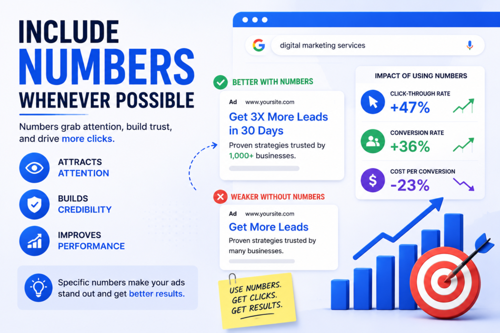 Include numbers in PPC ad headlines to improve click-through rates and increase conversions in cheap PPC advertising campaigns.