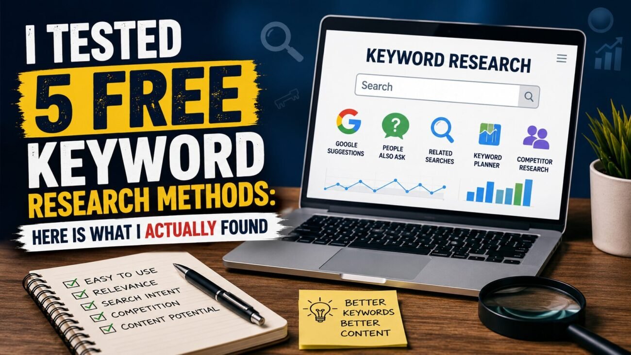 A featured image showing five free keyword research methods, including Google suggestions, People Also Ask, related searches, Google Keyword Planner, and competitor research, displayed on a laptop beside SEO research notes and analytics.