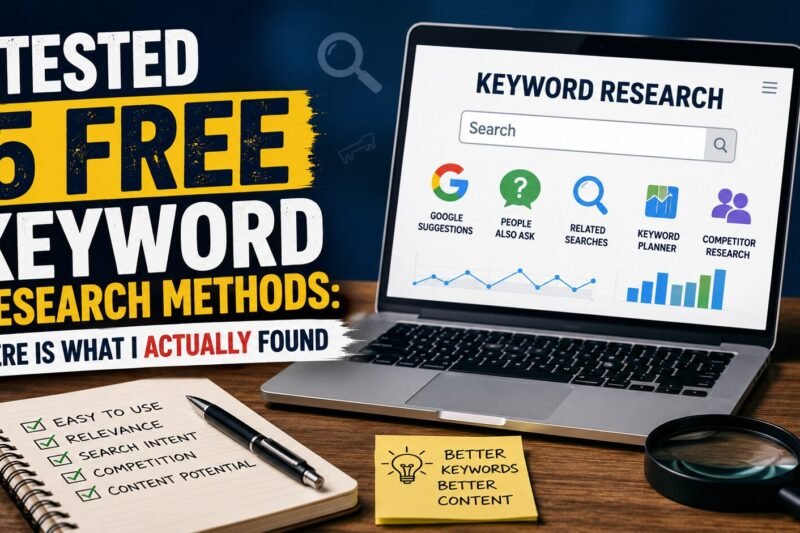 A featured image showing five free keyword research methods, including Google suggestions, People Also Ask, related searches, Google Keyword Planner, and competitor research, displayed on a laptop beside SEO research notes and analytics.