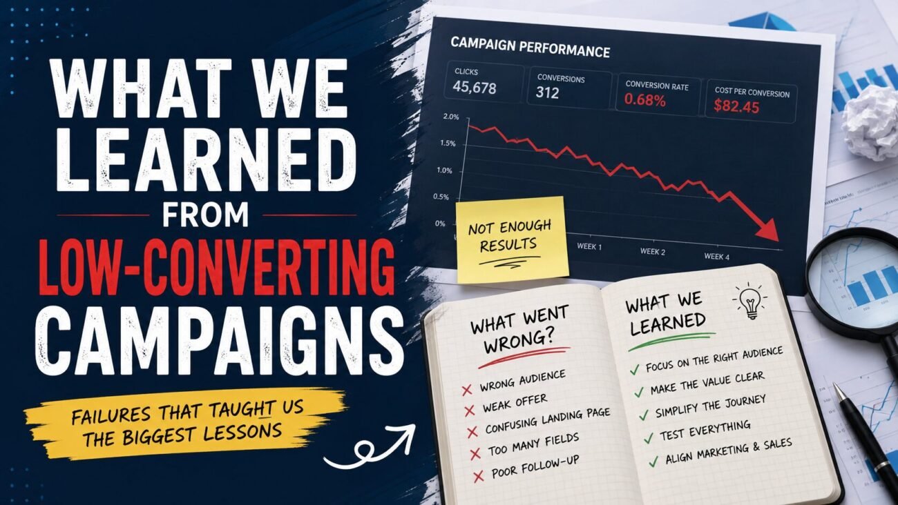 An educational graphic titled "What We Learned From Low-Converting Campaigns." It features a marketing performance dashboard showing declining metrics alongside an open notebook contrasting "What Went Wrong" with "What We Learned" to highlight key digital marketing lessons.