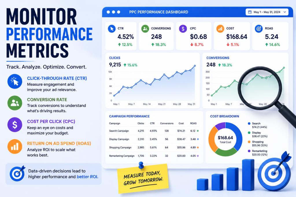 PPC performance dashboard showing CTR, conversions, CPC, ROAS, and campaign analytics for monitoring cheap PPC advertising performance.