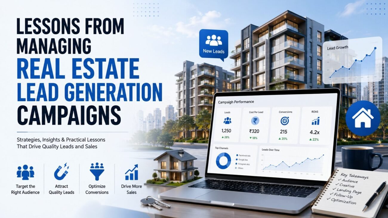 Modern real estate lead generation campaign illustration featuring residential buildings, a marketing analytics dashboard, lead growth charts, and digital advertising elements representing lessons in property marketing and lead generation.