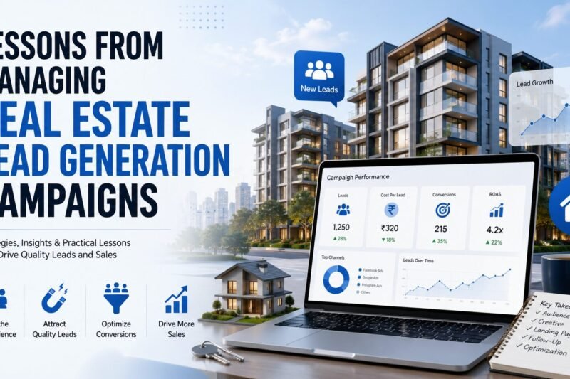 Modern real estate lead generation campaign illustration featuring residential buildings, a marketing analytics dashboard, lead growth charts, and digital advertising elements representing lessons in property marketing and lead generation.
