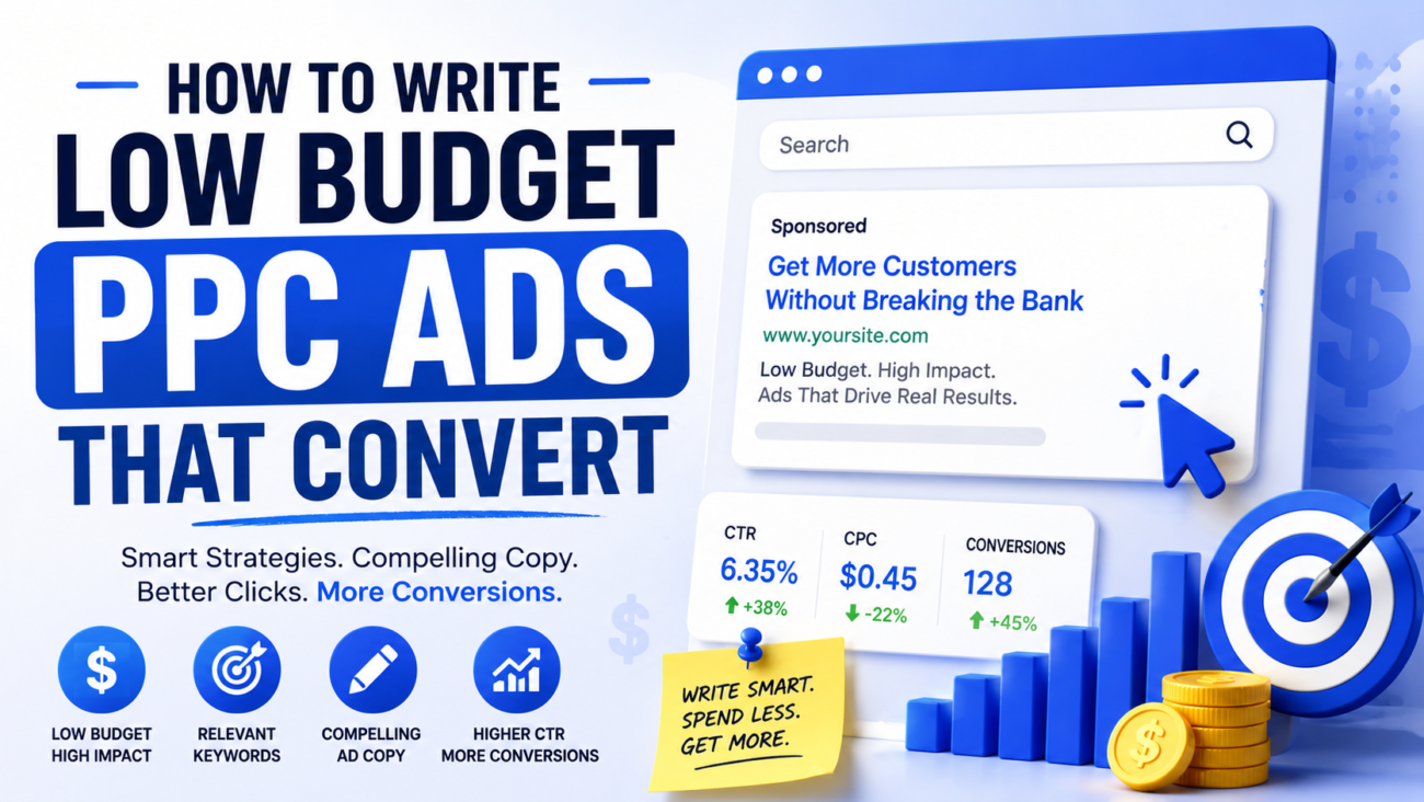 Cheap PPC Advertising guide illustration showing low-budget PPC ads, Google Ads campaign optimization, cost-per-click metrics, conversions, and digital marketing strategy.