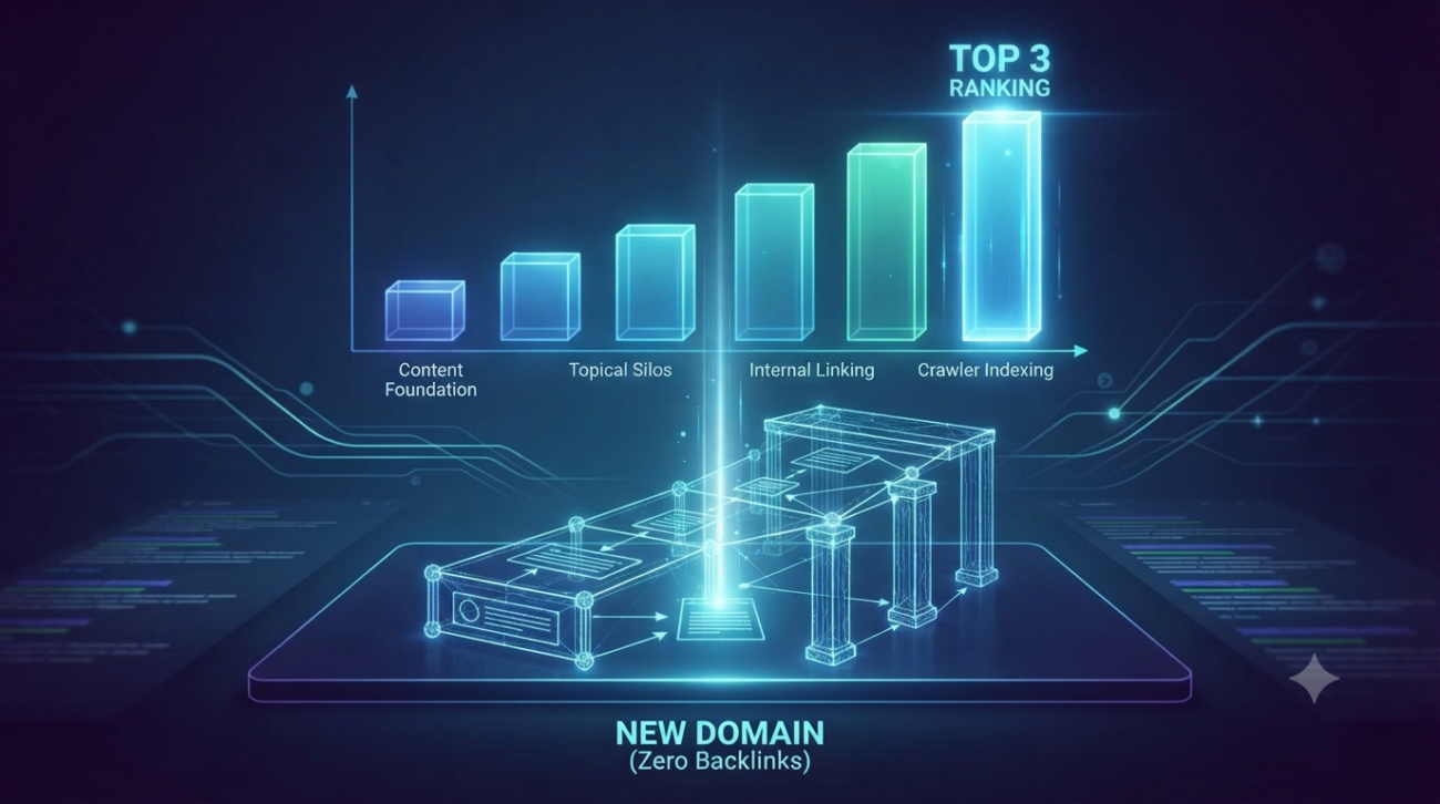 A 16x9 digital illustration depicting a futuristic SEO concept. The scene features a glowing holographic graph and structural grid glowing against a dark blue background. At the base, a digital tablet is labeled "NEW DOMAIN (Zero Backlinks)." Above it, a rising step-chart shows milestones labeled "Content Foundation," "Topical Silos," "Internal Linking," and "Crawler Indexing," culminating in a glowing "TOP 3 RANKING" column. Intricate glowing lines connect various nodes below, representing a tight internal linking architecture.