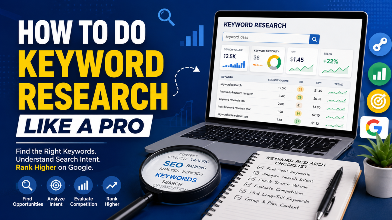 How to do keyword research like a pro featuring an SEO dashboard, keyword analytics, search volume metrics, keyword difficulty chart, laptop, magnifying glass, and keyword research checklist for improving Google search rankings.