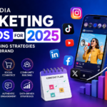 Social Media Marketing Trends for 2025 infographic featuring AI content creation, short-form video, influencer marketing, social commerce, social search optimization, engagement analytics, and multi-platform digital marketing strategies.